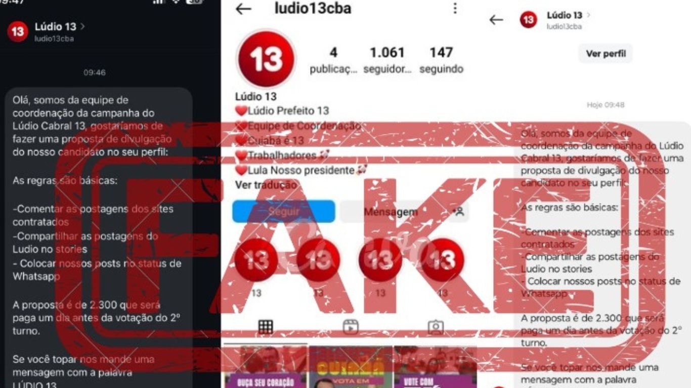 Coordenação de campanha de Lúdio denúncia criminosos que oferecem dinheiro em perfil fake no Instagram